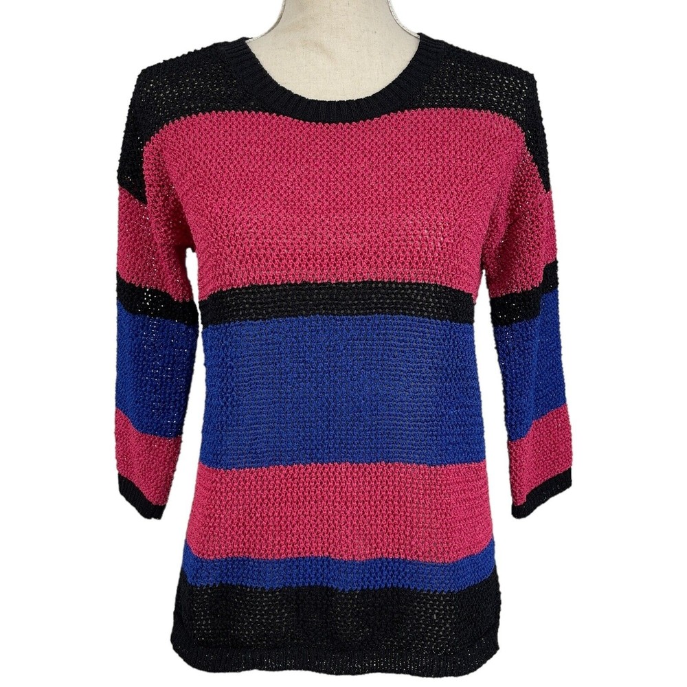 Jones New York Signature Striped 3/4 Sleeve Open Knit Sweater Womens Petite S